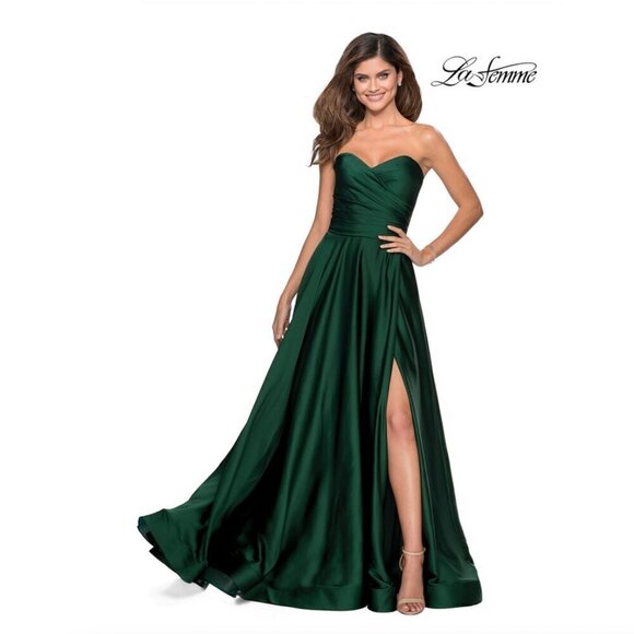 New!‎ La Femme Strapless Sweetheart Wrap Slit Satin Ballgown Dress - Picture 1 of 9